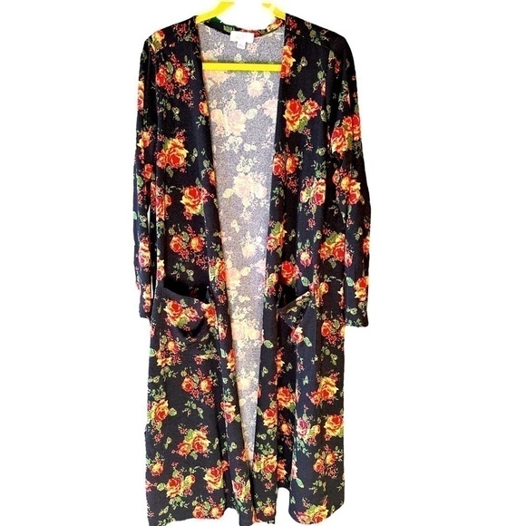 LuLaRoe Sweaters - Lularoe large black Sarah cardigan with roses ex-retailer‎ stash.Worn for pics .